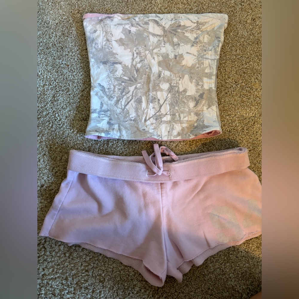 Hollister camo and pink reversible tube top and short set